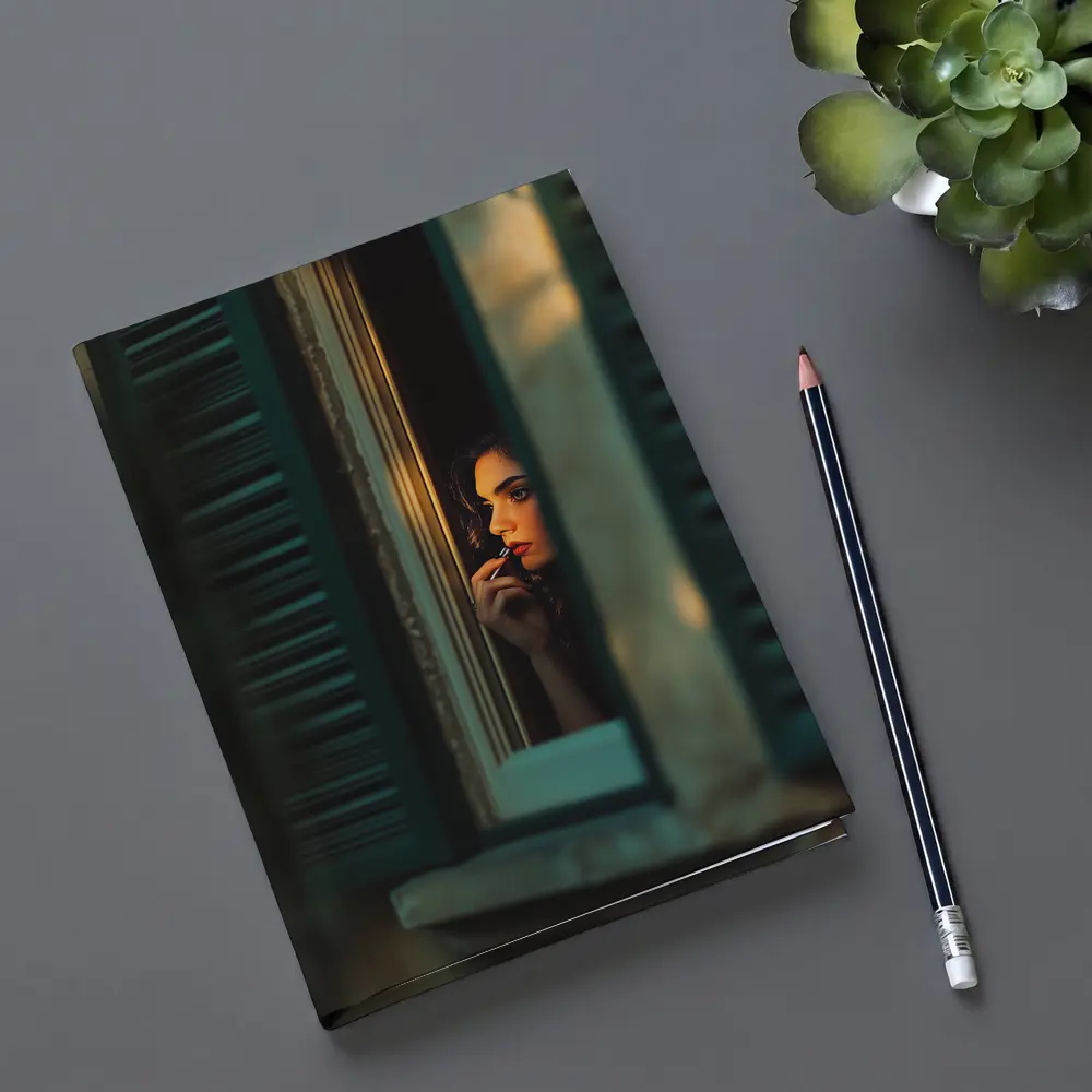 Woman Applying Lipstick By Teal Window – Notebooks
