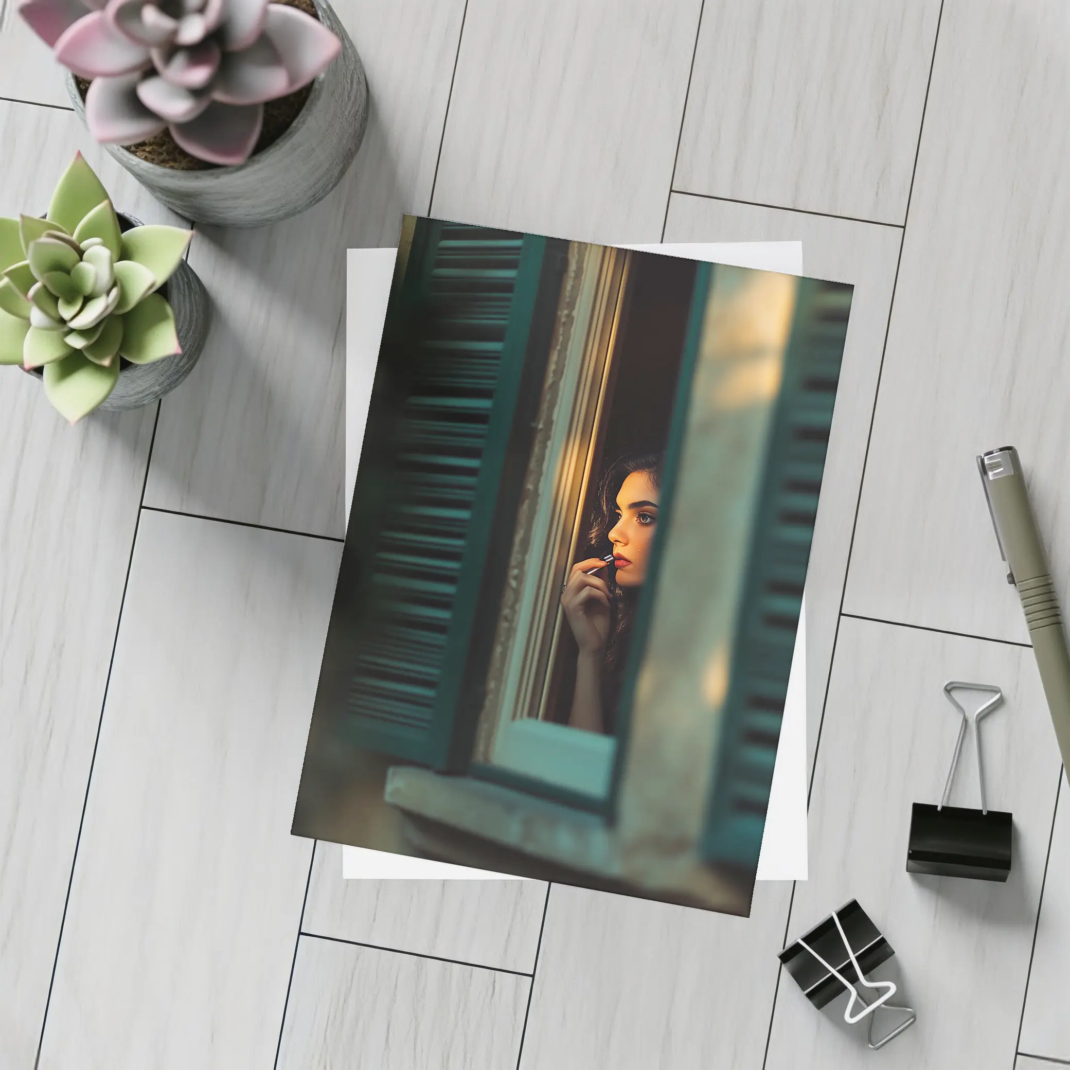 Woman Applying Lipstick By Teal Window – Postcards