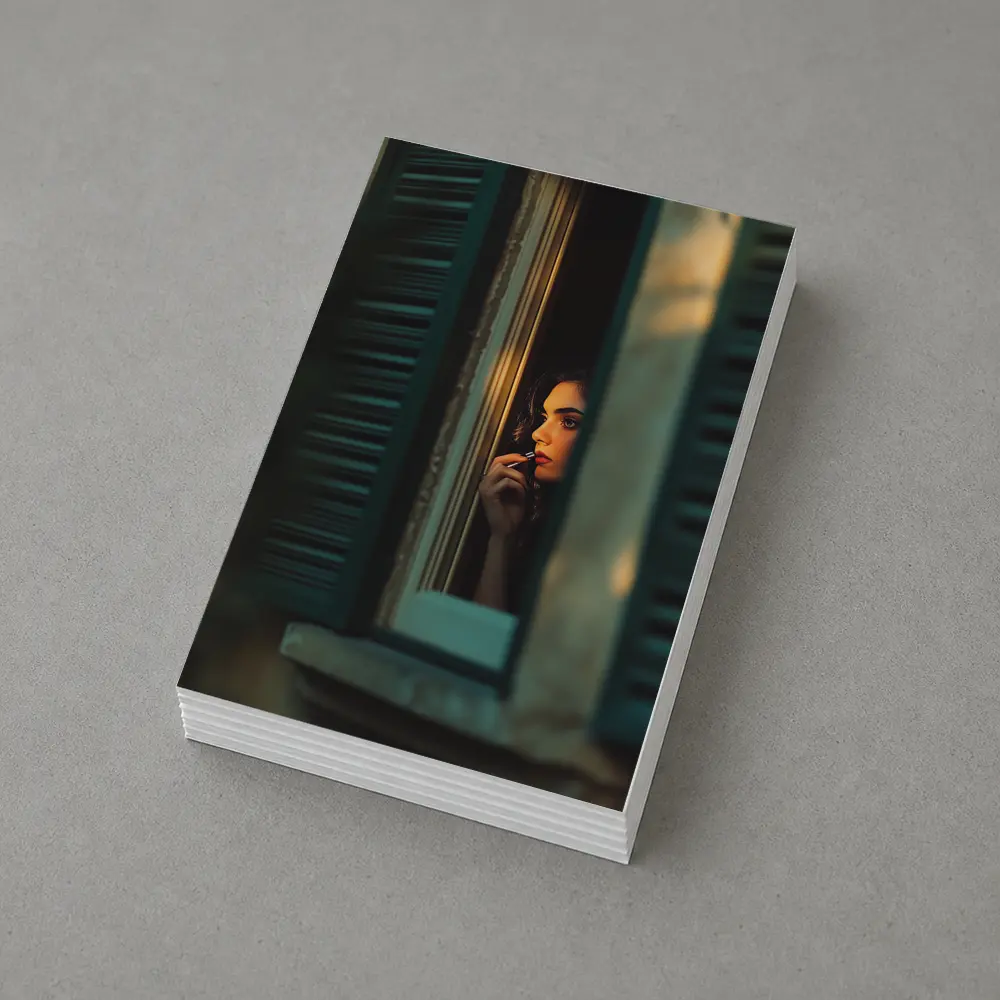 Woman Applying Lipstick By Teal Window – Postcards