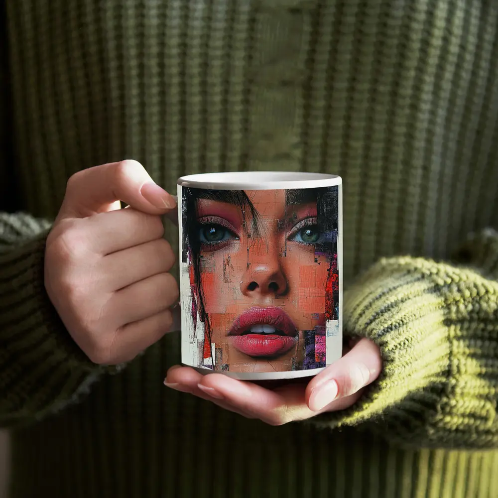 Abstract Collage Portrait Woman Mixed Media Art – Mugs