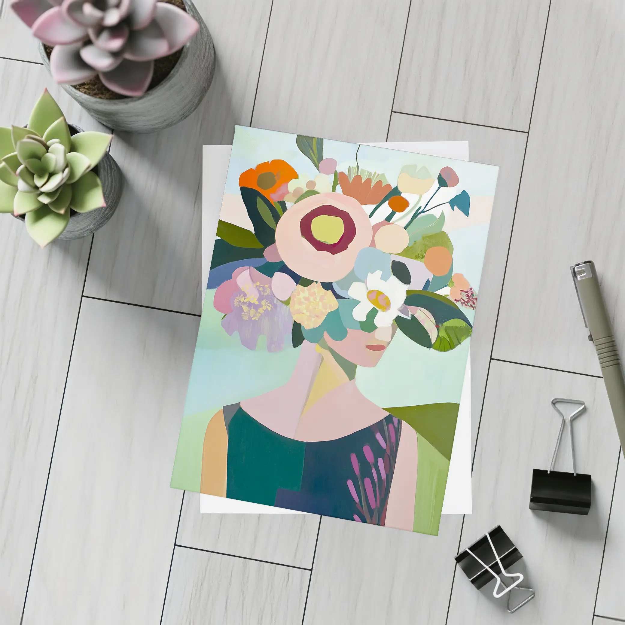 Woman With Floral Crown Abstract Art – Postcards