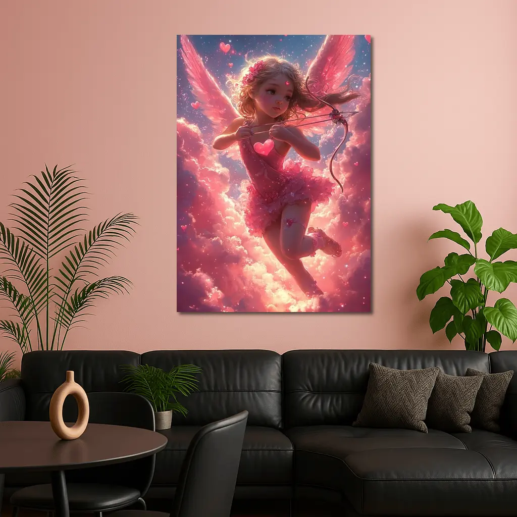 Cupid Girl Pink Wings Hearts Cloud Fantasy – Wall Art
