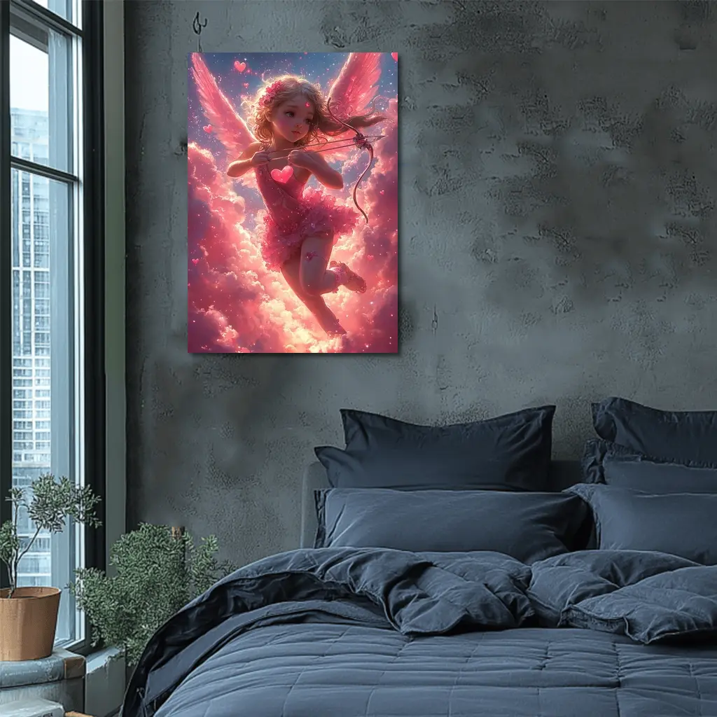 Cupid Girl Pink Wings Hearts Cloud Fantasy – Wall Art