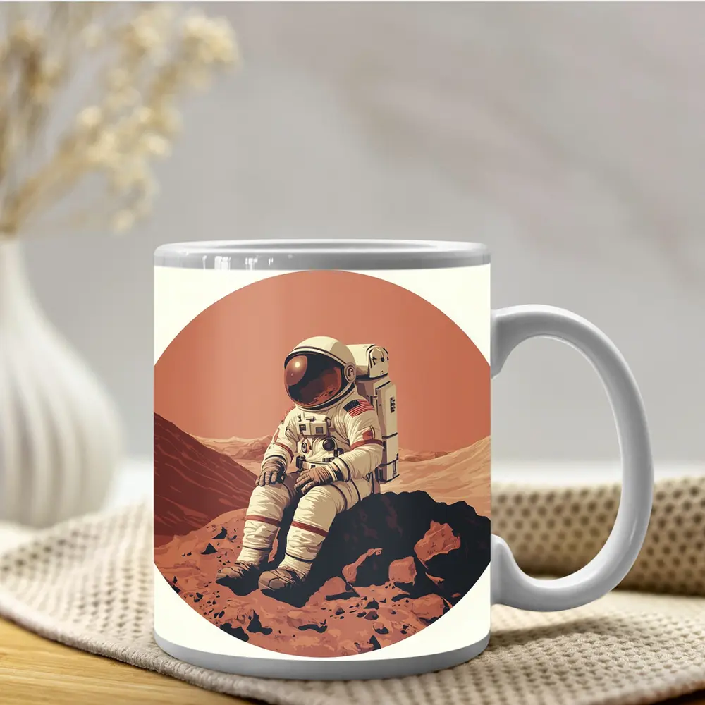 Astronaut Sitting On Mars Rocky Surface – Mugs