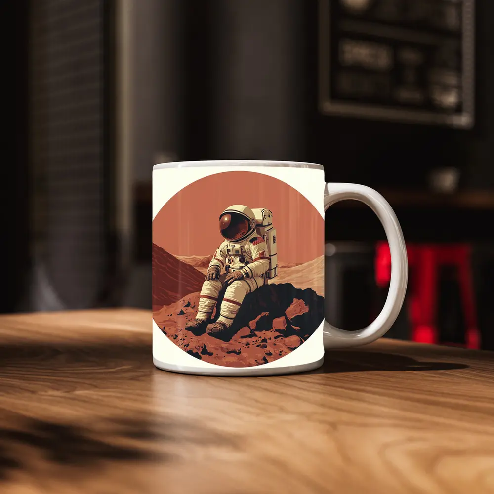 Astronaut Sitting On Mars Rocky Surface – Mugs