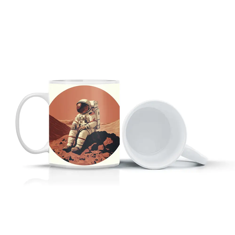 Astronaut Sitting On Mars Rocky Surface – Mugs
