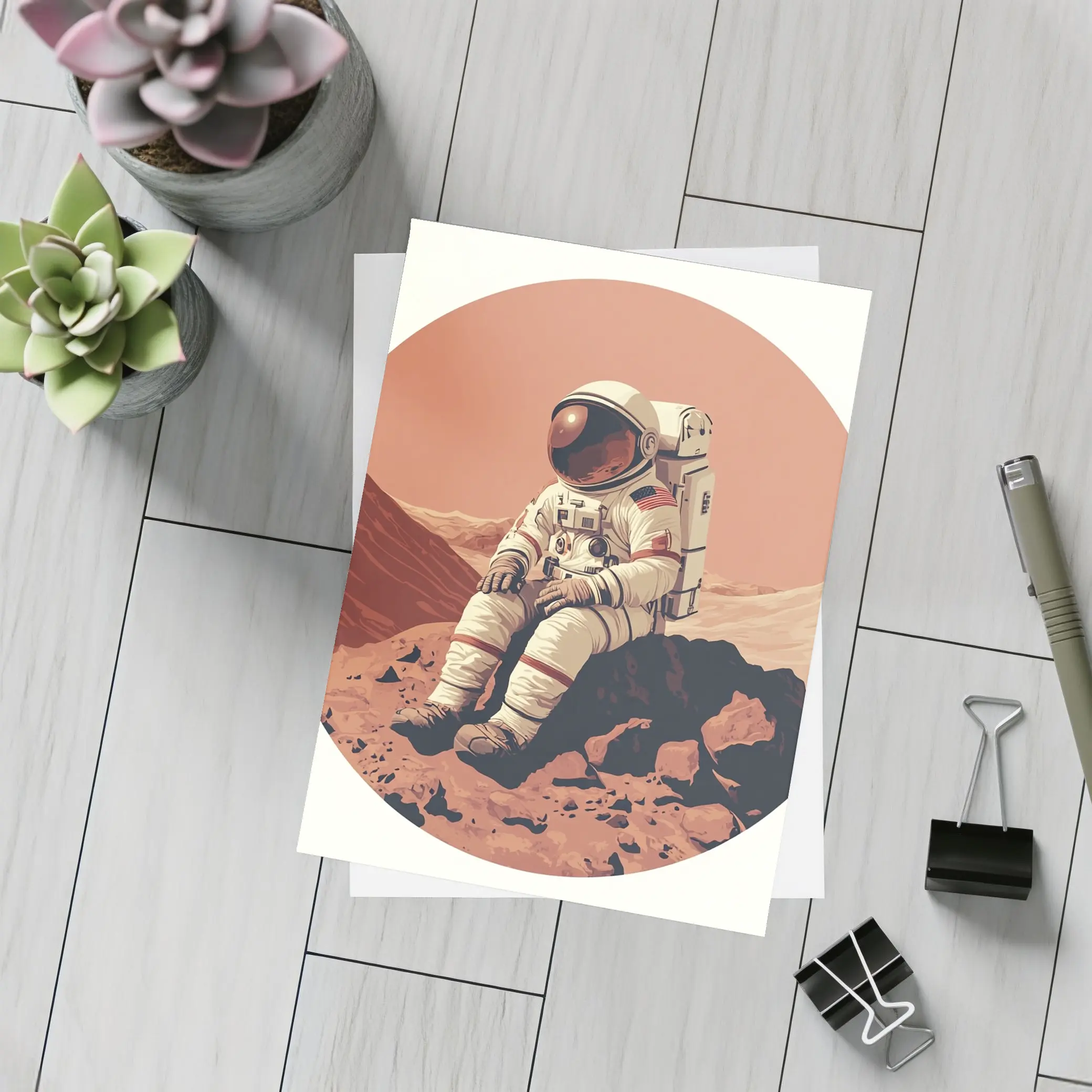 Astronaut Sitting On Mars Rocky Surface – Postcards