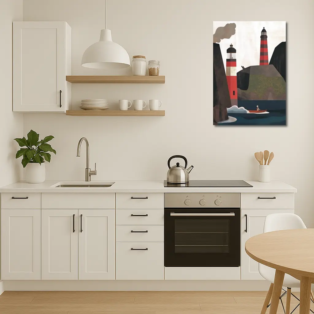 Red Lighthouse Cliffs Boat Illustration Art – Wall Art