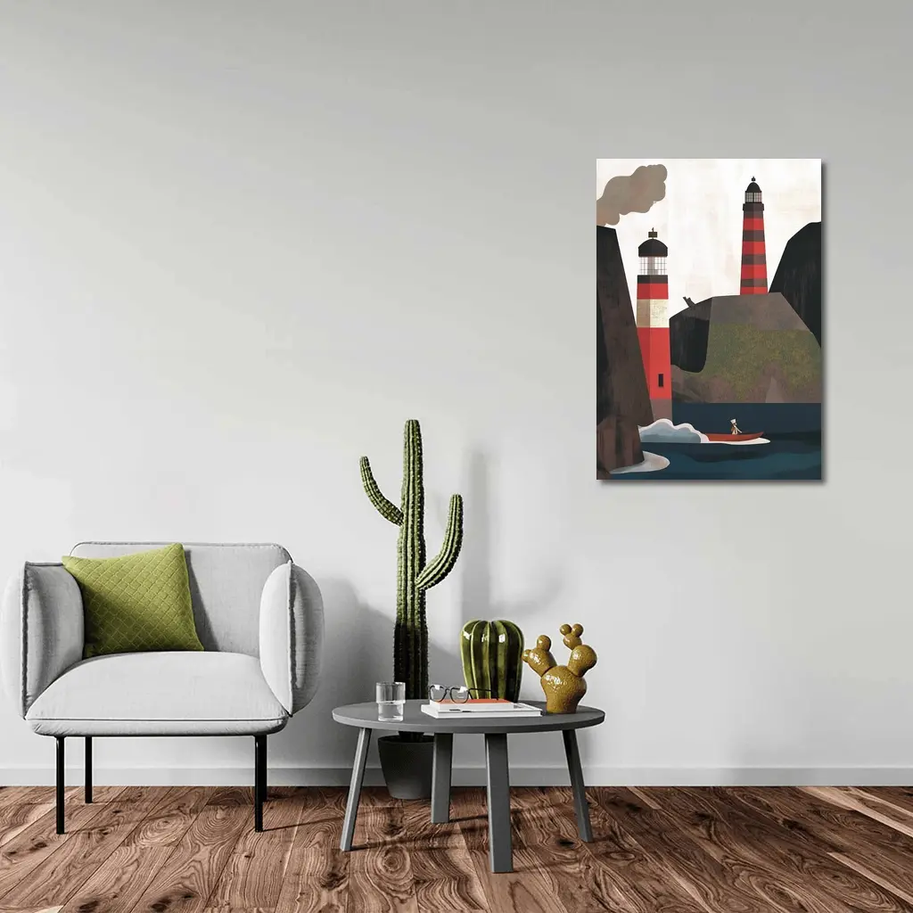 Red Lighthouse Cliffs Boat Illustration Art – Wall Art