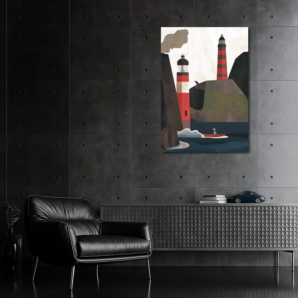 Red Lighthouse Cliffs Boat Illustration Art – Wall Art