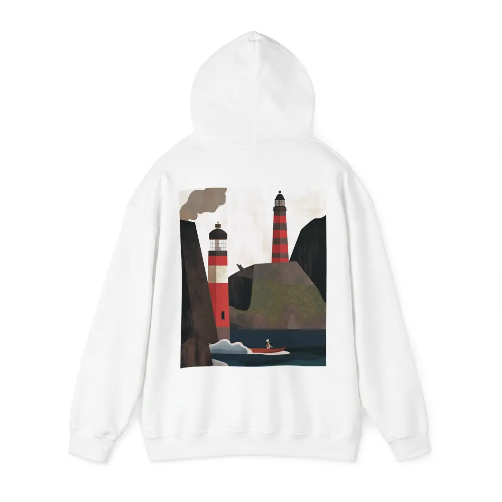 Red Lighthouse Cliffs Boat Illustration Art – Hoodies