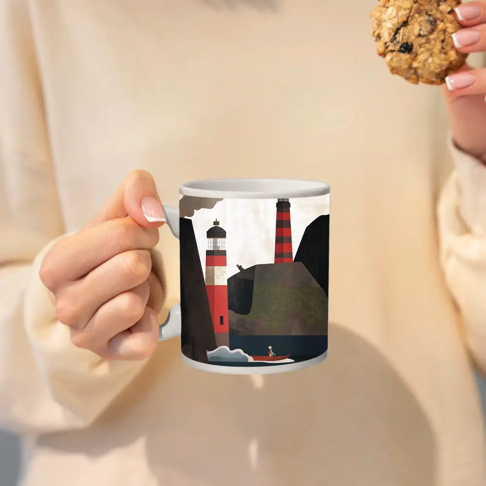 Red Lighthouse Cliffs Boat Illustration Art – Mugs