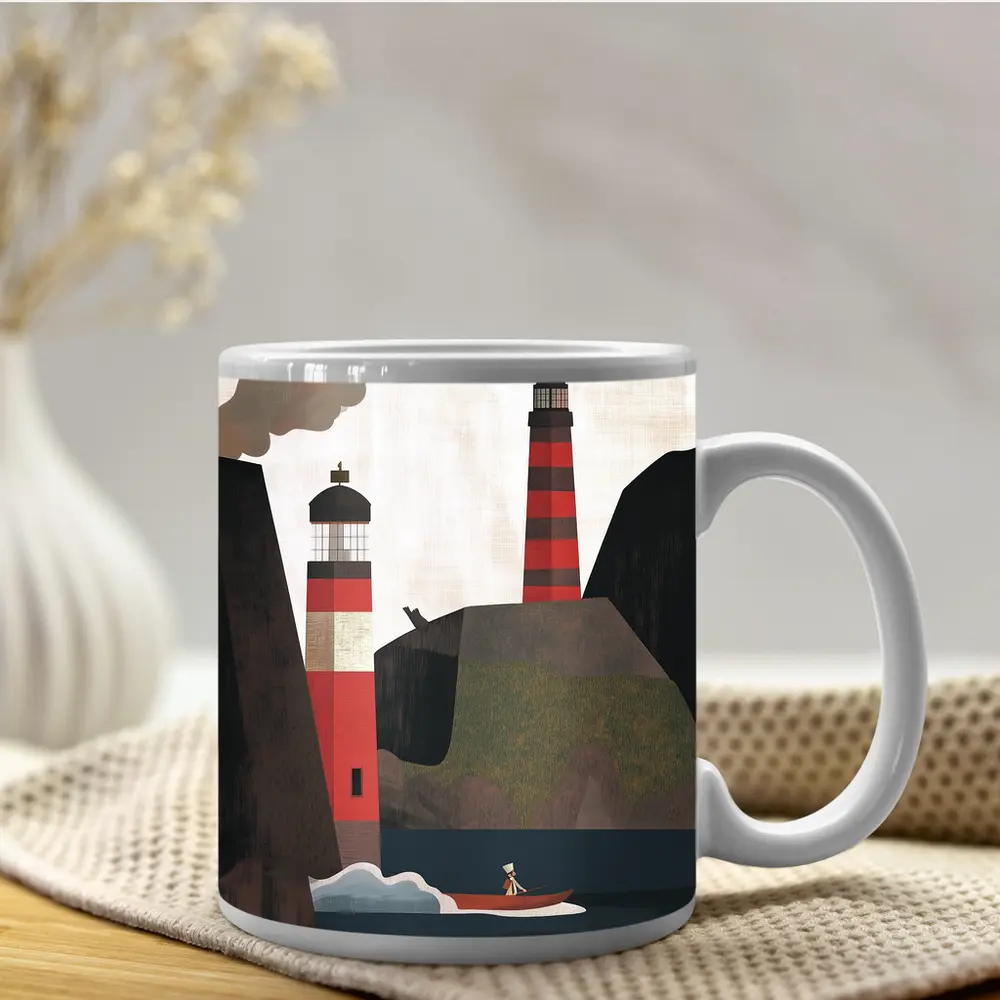 Red Lighthouse Cliffs Boat Illustration Art – Mugs