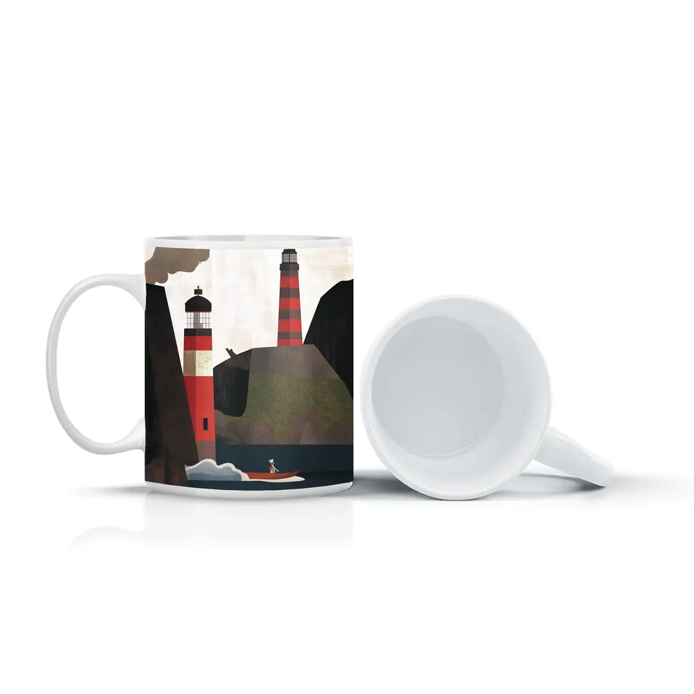 Red Lighthouse Cliffs Boat Illustration Art – Mugs