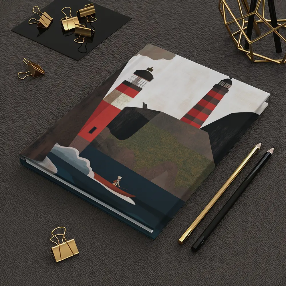 Red Lighthouse Cliffs Boat Illustration Art – Notebooks