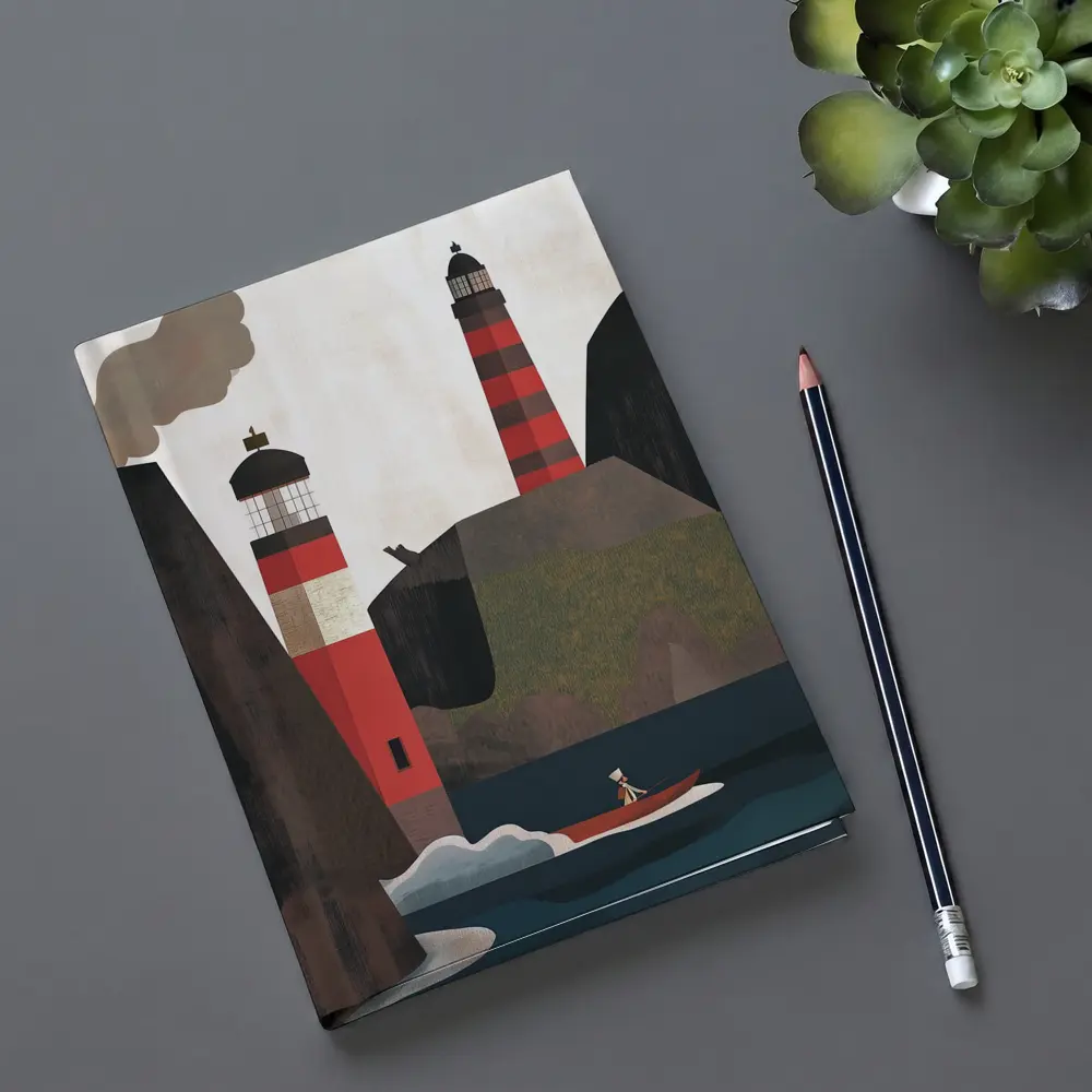 Red Lighthouse Cliffs Boat Illustration Art – Notebooks