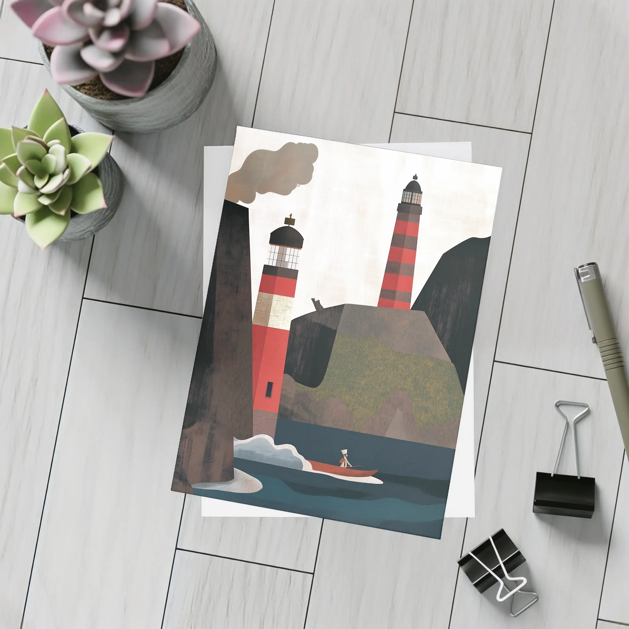 Red Lighthouse Cliffs Boat Illustration Art – Postcards