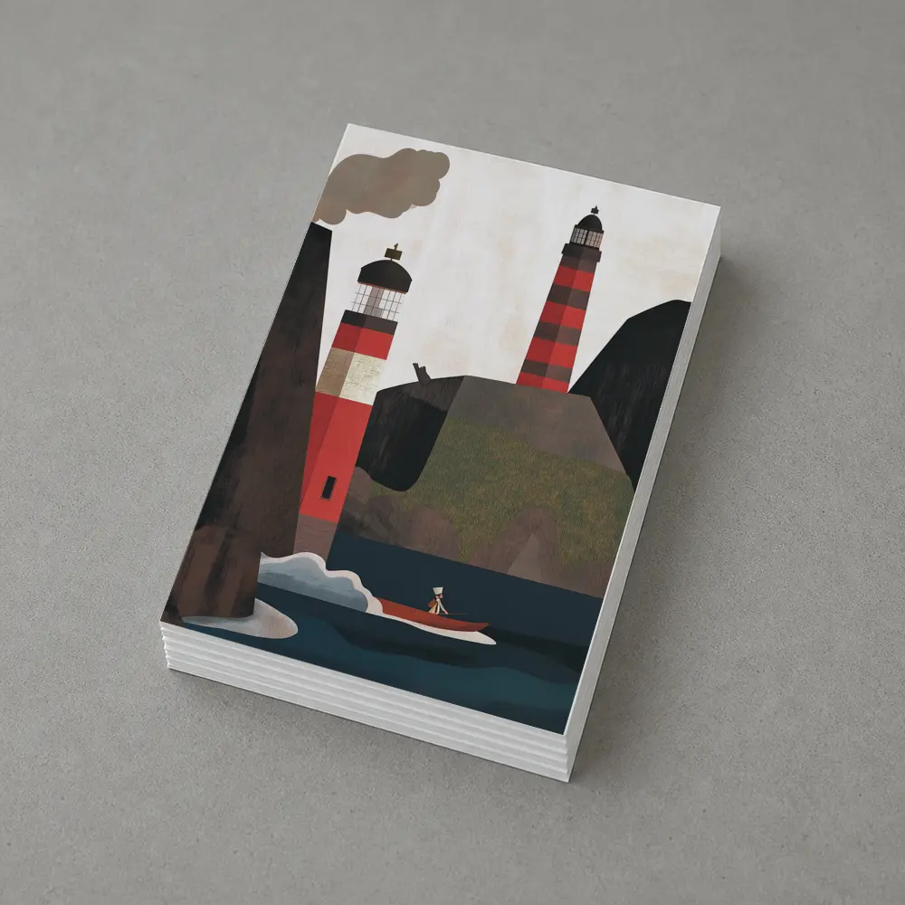 Red Lighthouse Cliffs Boat Illustration Art – Postcards