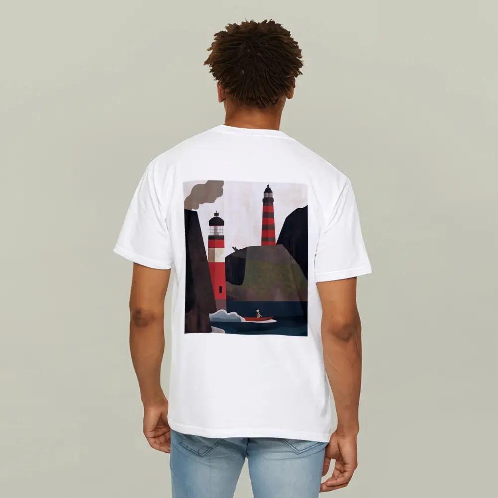 Red Lighthouse Cliffs Boat Illustration Art – T-Shirts