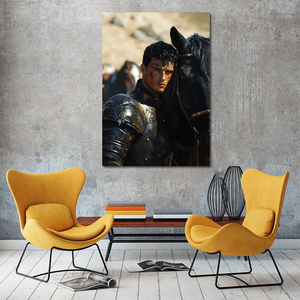 Dark Knight in Black Armor with Horse – Wall Art