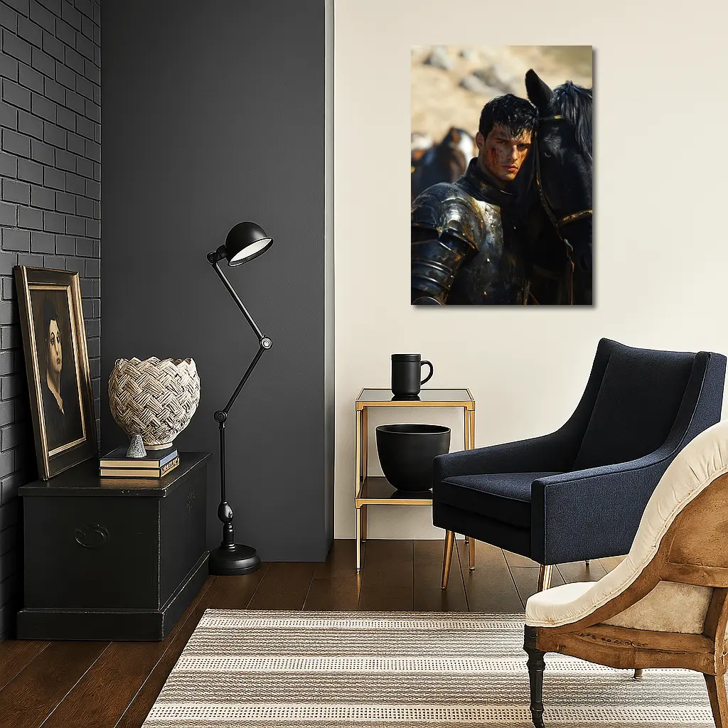 Dark Knight in Black Armor with Horse – Wall Art