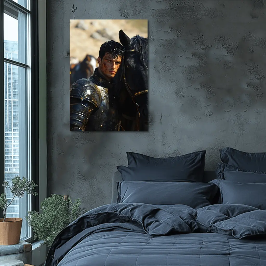 Dark Knight in Black Armor with Horse – Wall Art