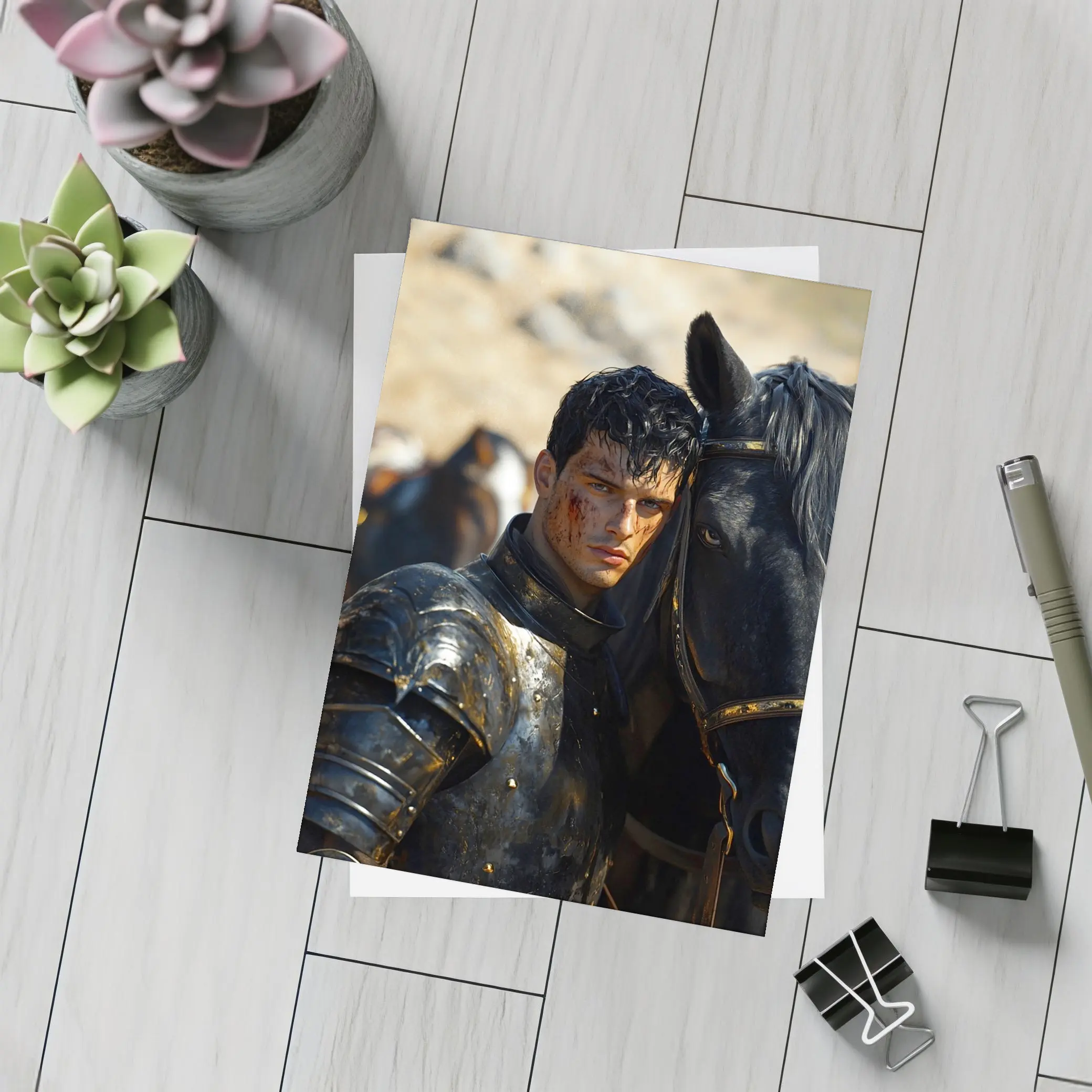 Dark Knight in Black Armor with Horse – Postcards