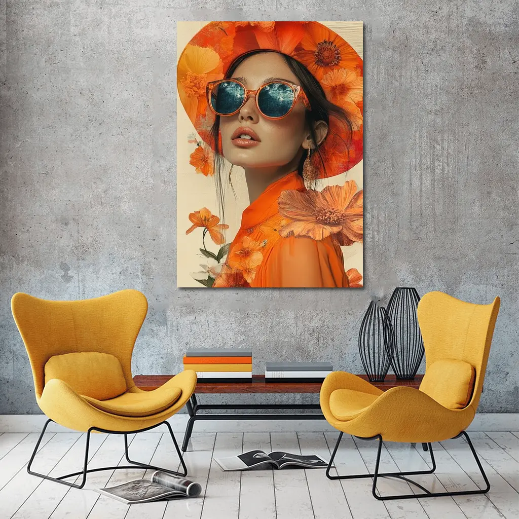 Fashion Woman Orange Hat Floral Collage – Wall Art