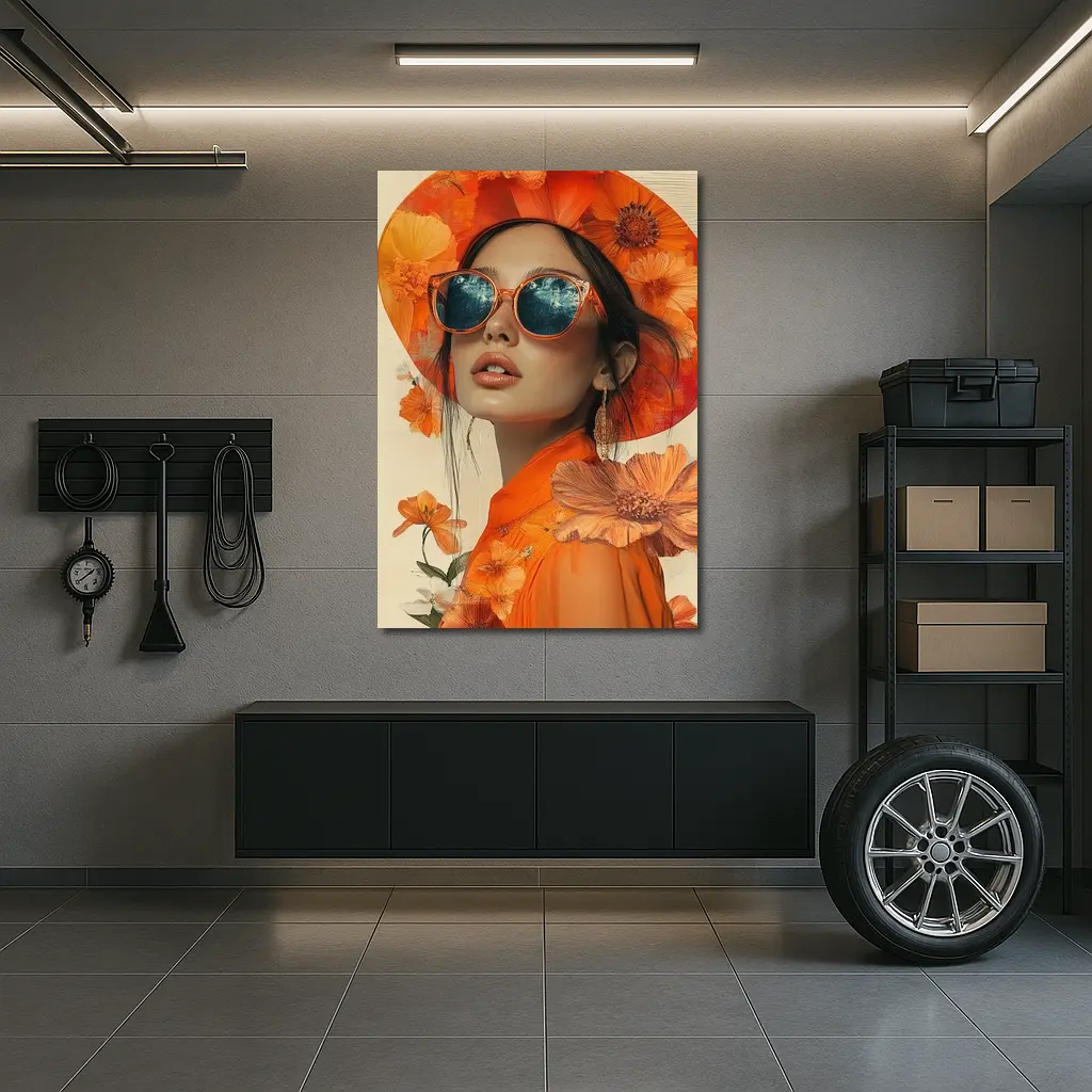 Fashion Woman Orange Hat Floral Collage – Wall Art