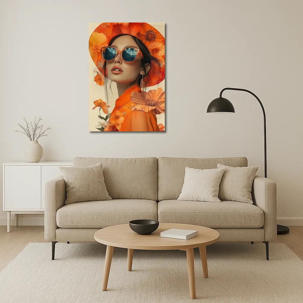 Fashion Woman Orange Hat Floral Collage – Wall Art