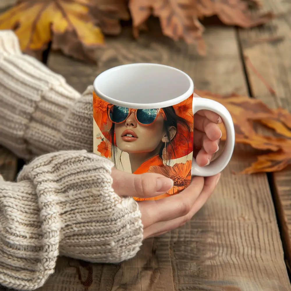 Fashion Woman Orange Hat Floral Collage – Mugs