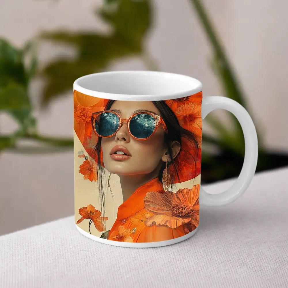 Fashion Woman Orange Hat Floral Collage – Mugs