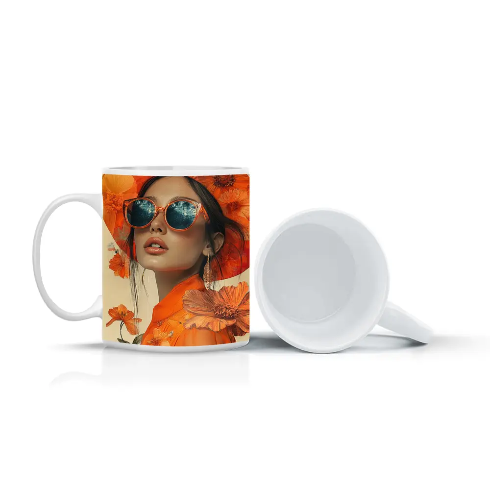 Fashion Woman Orange Hat Floral Collage – Mugs