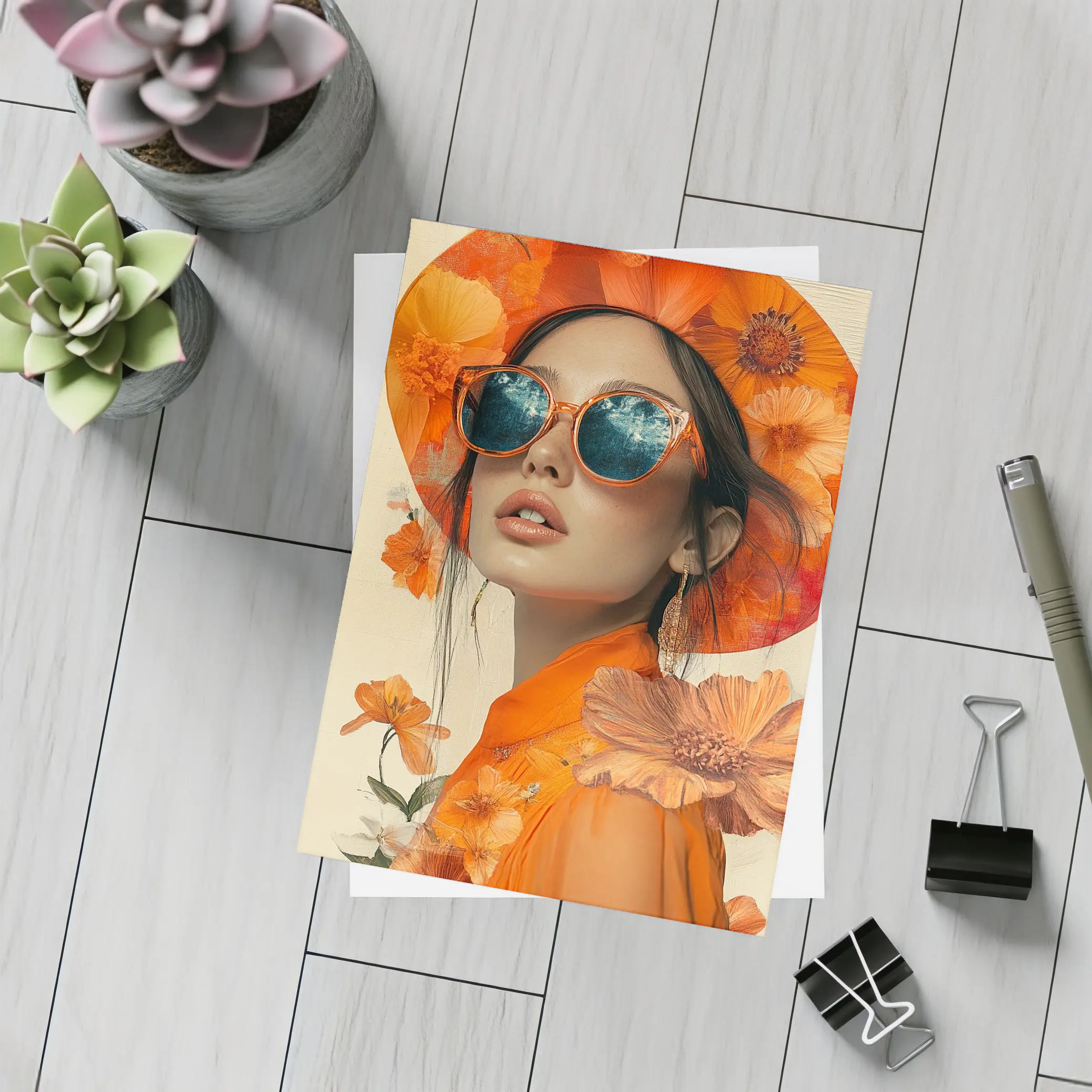 Fashion Woman Orange Hat Floral Collage – Postcards