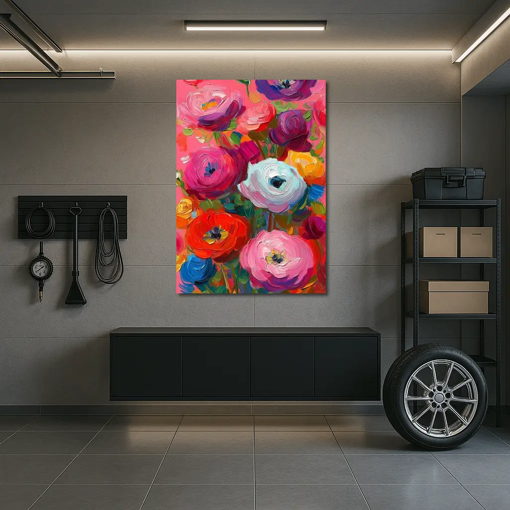 Bold Ranunculus Bouquet Oil Paint Pink Background – Wall Art