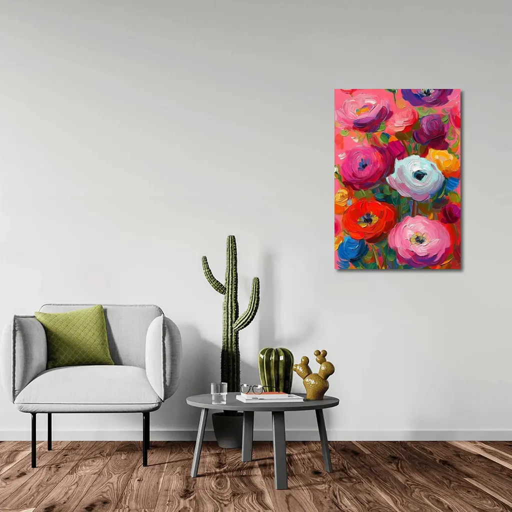 Bold Ranunculus Bouquet Oil Paint Pink Background – Wall Art