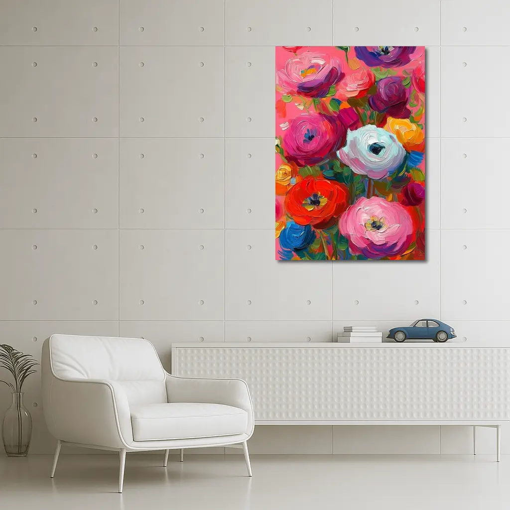 Bold Ranunculus Bouquet Oil Paint Pink Background – Wall Art