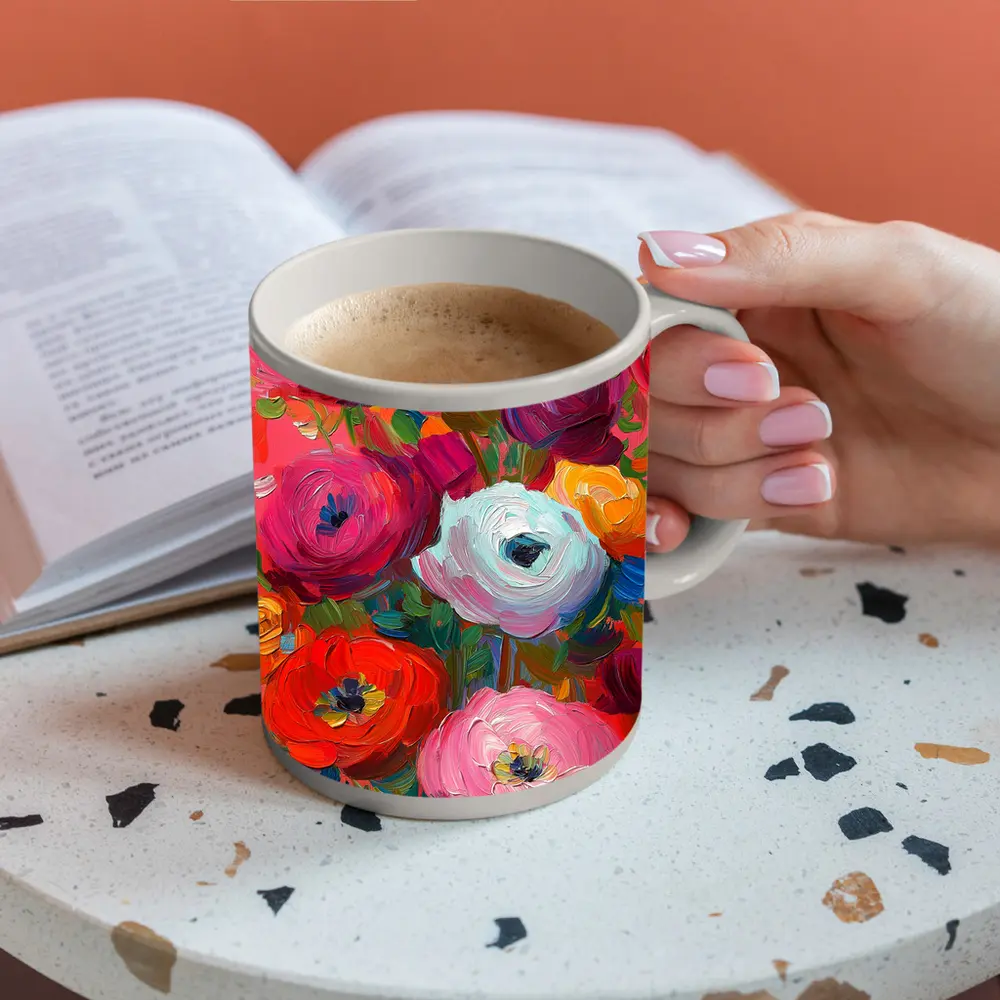 Bold Ranunculus Bouquet Oil Paint Pink Background – Mugs