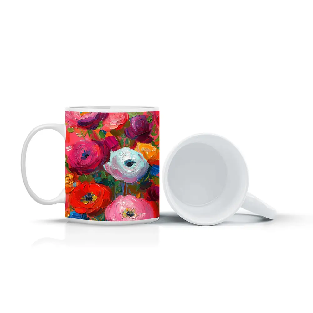 Bold Ranunculus Bouquet Oil Paint Pink Background – Mugs