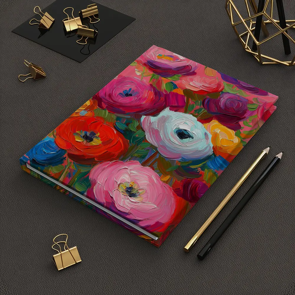 Bold Ranunculus Bouquet Oil Paint Pink Background – Notebooks
