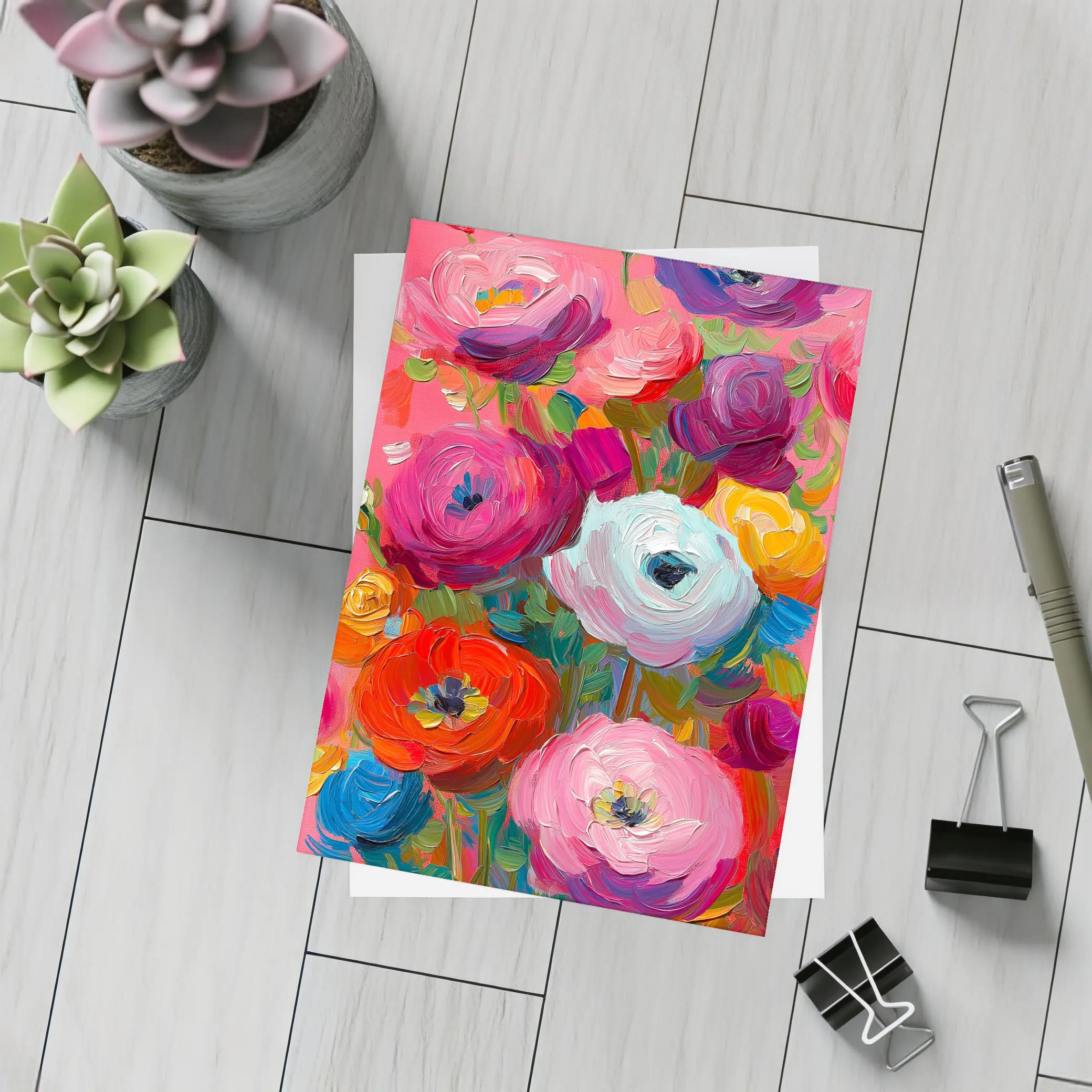Bold Ranunculus Bouquet Oil Paint Pink Background – Postcards
