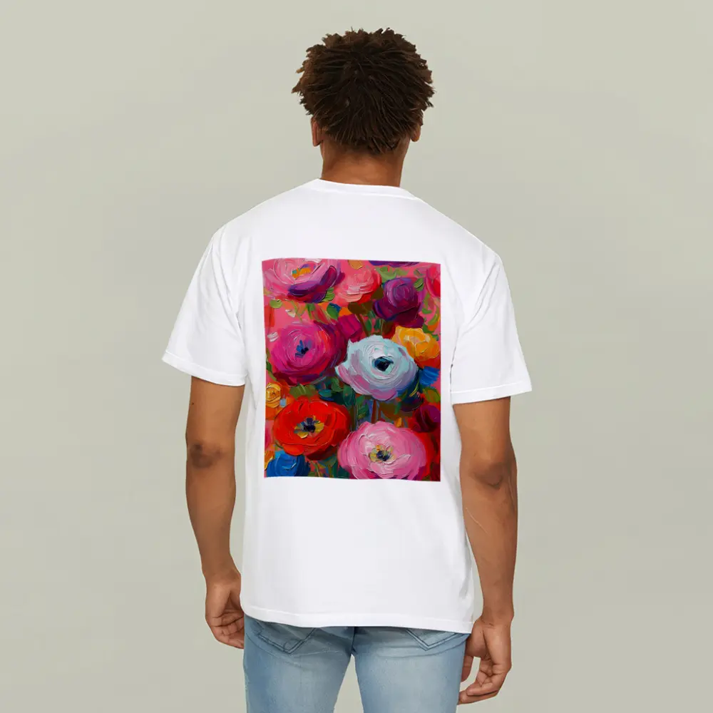 Bold Ranunculus Bouquet Oil Paint Pink Background – T-Shirts