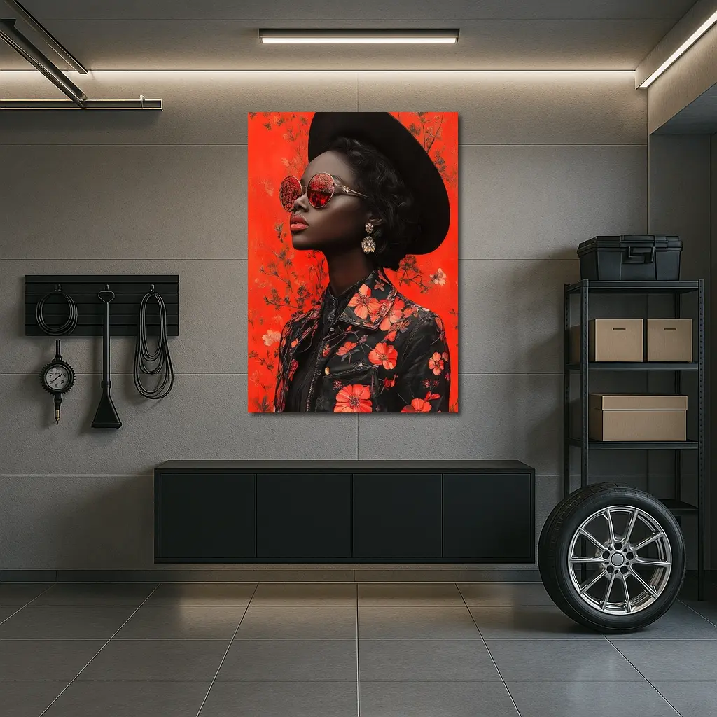 Black Woman Red Floral Fashion Portrait Art – Wall Art
