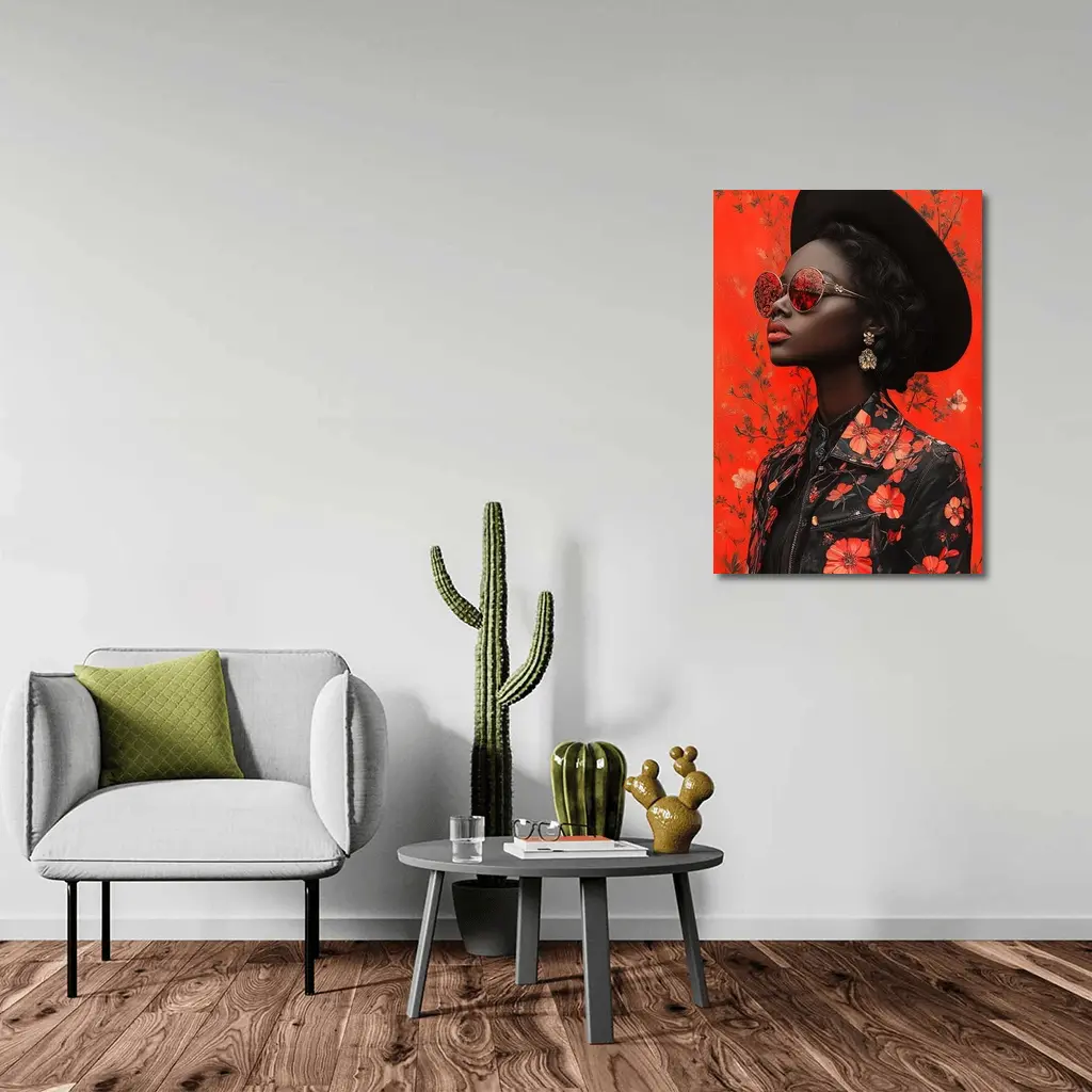 Black Woman Red Floral Fashion Portrait Art – Wall Art