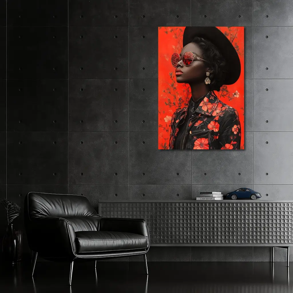 Black Woman Red Floral Fashion Portrait Art – Wall Art