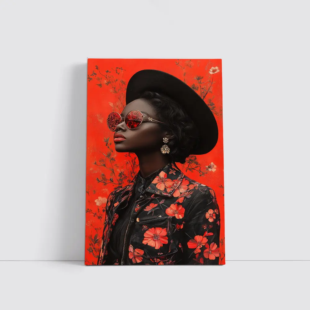 Black Woman Red Floral Fashion Portrait Art – Wall Art