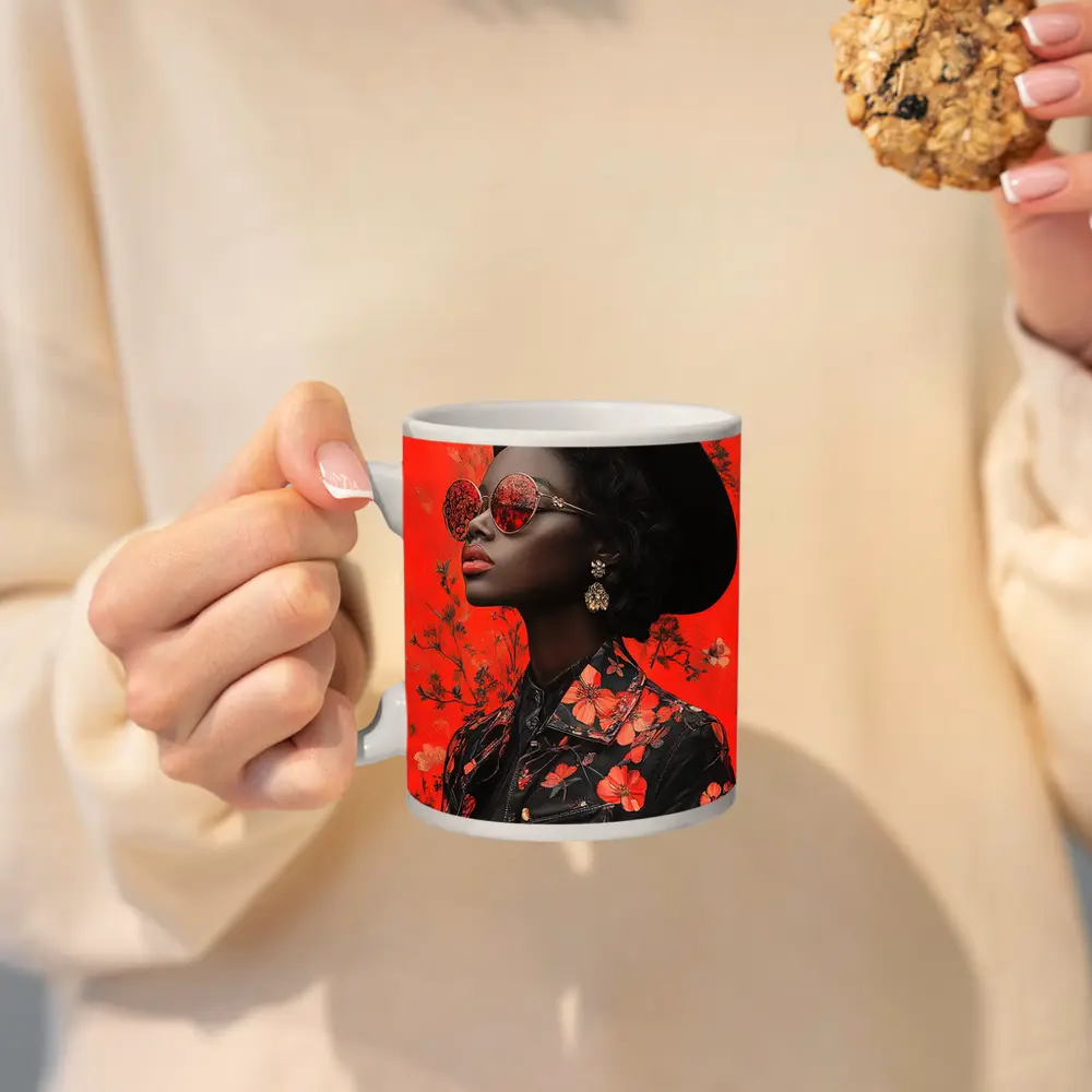 Black Woman Red Floral Fashion Portrait Art – Mugs