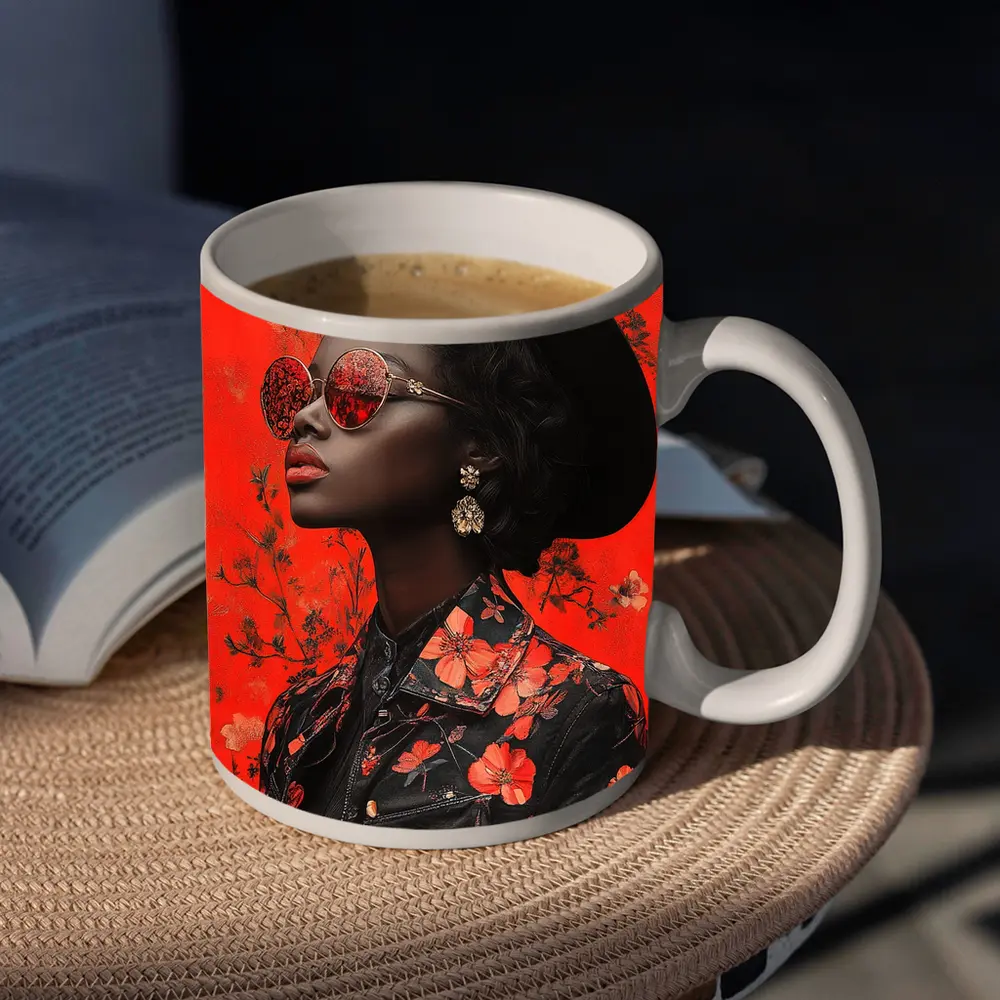 Black Woman Red Floral Fashion Portrait Art – Mugs