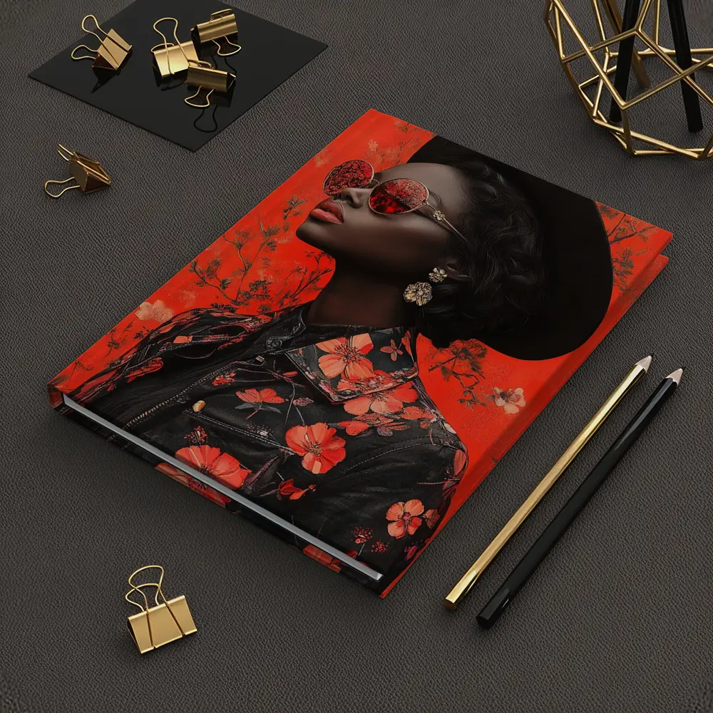 Black Woman Red Floral Fashion Portrait Art – Notebooks