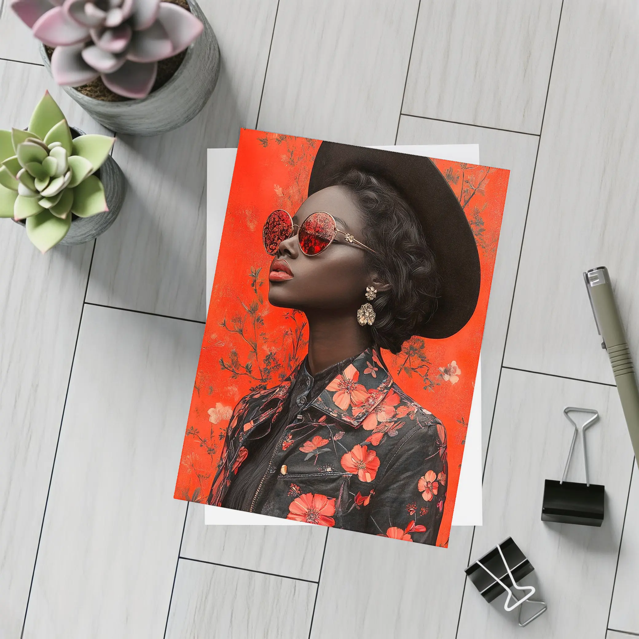 Black Woman Red Floral Fashion Portrait Art – Postcards